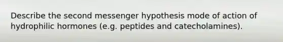 Describe the second messenger hypothesis mode of action of hydrophilic hormones (e.g. peptides and catecholamines).