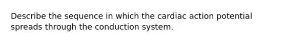 Describe the sequence in which the cardiac action potential spreads through the conduction system.