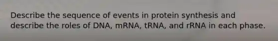 Describe the sequence of events in protein synthesis and describe the roles of DNA, mRNA, tRNA, and rRNA in each phase.