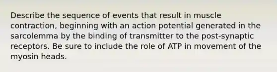 Describe the sequence of events that result in muscle contraction, beginning with an action potential generated in the sarcolemma by the binding of transmitter to the post-synaptic receptors. Be sure to include the role of ATP in movement of the myosin heads.