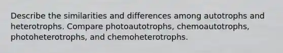 Describe the similarities and differences among autotrophs and heterotrophs. Compare photoautotrophs, chemoautotrophs, photoheterotrophs, and chemoheterotrophs.