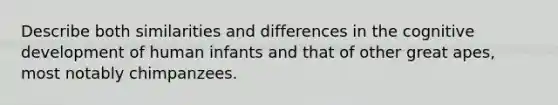 Describe both similarities and differences in the cognitive development of human infants and that of other great apes, most notably chimpanzees.