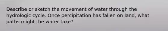 Describe or sketch the movement of water through the hydrologic cycle. Once percipitation has fallen on land, what paths might the water take?