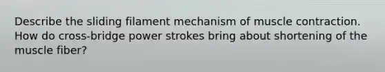 Describe the sliding filament mechanism of <a href='https://www.questionai.com/knowledge/k0LBwLeEer-muscle-contraction' class='anchor-knowledge'>muscle contraction</a>. How do cross-bridge power strokes bring about shortening of the muscle fiber?