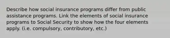 Describe how social insurance programs differ from public assistance programs. Link the elements of social insurance programs to Social Security to show how the four elements apply. (i.e. compulsory, contributory, etc.)