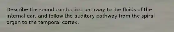 Describe the sound conduction pathway to the fluids of the internal ear, and follow the auditory pathway from the spiral organ to the temporal cortex.