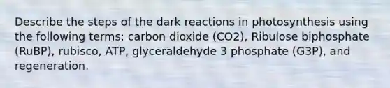 Describe the steps of the dark reactions in photosynthesis using the following terms: carbon dioxide (CO2), Ribulose biphosphate (RuBP), rubisco, ATP, glyceraldehyde 3 phosphate (G3P), and regeneration.