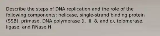 Describe the steps of DNA replication and the role of the following components: helicase, single-strand binding protein (SSB), primase, DNA polymerase (I, III, δ, and ε), telomerase, ligase, and RNase H