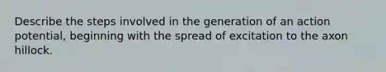 Describe the steps involved in the generation of an action potential, beginning with the spread of excitation to the axon hillock.