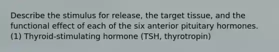 Describe the stimulus for release, the target tissue, and the functional effect of each of the six anterior pituitary hormones. (1) Thyroid-stimulating hormone (TSH, thyrotropin)