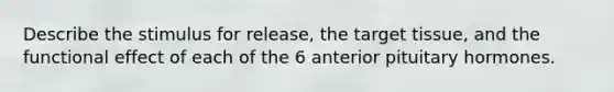 Describe the stimulus for release, the target tissue, and the functional effect of each of the 6 anterior pituitary hormones.