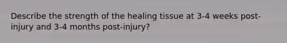 Describe the strength of the healing tissue at 3-4 weeks post-injury and 3-4 months post-injury?