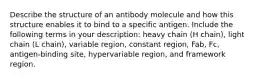 Describe the structure of an antibody molecule and how this structure enables it to bind to a specific antigen. Include the following terms in your description: heavy chain (H chain), light chain (L chain), variable region, constant region, Fab, Fc, antigen-binding site, hypervariable region, and framework region.