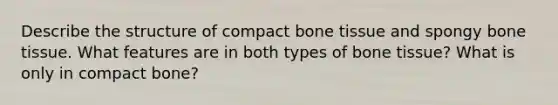 Describe the structure of compact bone tissue and spongy bone tissue. What features are in both types of bone tissue? What is only in compact bone?