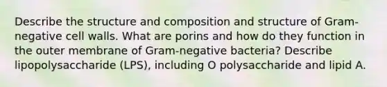 Describe the structure and composition and structure of Gram-negative cell walls. What are porins and how do they function in the outer membrane of Gram-negative bacteria? Describe lipopolysaccharide (LPS), including O polysaccharide and lipid A.