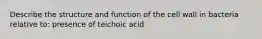 Describe the structure and function of the cell wall in bacteria relative to: presence of teichoic acid