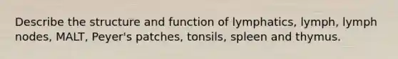 Describe the structure and function of lymphatics, lymph, lymph nodes, MALT, Peyer's patches, tonsils, spleen and thymus.