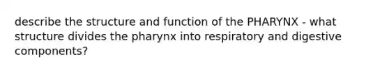 describe the structure and function of <a href='https://www.questionai.com/knowledge/ktW97n6hGJ-the-pharynx' class='anchor-knowledge'>the pharynx</a> - what structure divides the pharynx into respiratory and digestive components?