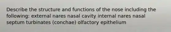 Describe the structure and functions of the nose including the following: external nares nasal cavity internal nares nasal septum turbinates (conchae) olfactory epithelium