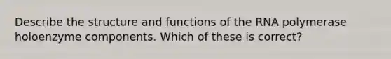 Describe the structure and functions of the RNA polymerase holoenzyme components. Which of these is correct?