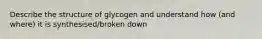 Describe the structure of glycogen and understand how (and where) it is synthesised/broken down