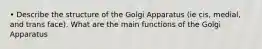 • Describe the structure of the Golgi Apparatus (ie cis, medial, and trans face). What are the main functions of the Golgi Apparatus