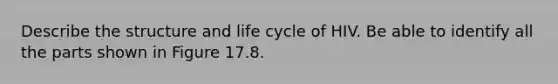 Describe the structure and life cycle of HIV. Be able to identify all the parts shown in Figure 17.8.