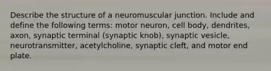 Describe the structure of a neuromuscular junction. Include and define the following terms: motor neuron, cell body, dendrites, axon, synaptic terminal (synaptic knob), synaptic vesicle, neurotransmitter, acetylcholine, synaptic cleft, and motor end plate.