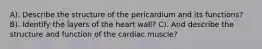 A). Describe the structure of the pericardium and its functions? B). Identify the layers of the heart wall? C). And describe the structure and function of the cardiac muscle?