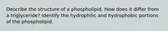 Describe the structure of a phospholipid. How does it differ from a triglyceride? Identify the hydrophilic and hydrophobic portions of the phospholipid.