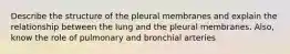 Describe the structure of the pleural membranes and explain the relationship between the lung and the pleural membranes. Also, know the role of pulmonary and bronchial arteries