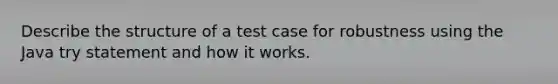 Describe the structure of a test case for robustness using the Java try statement and how it works.