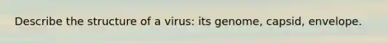 Describe the structure of a virus: its genome, capsid, envelope.