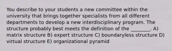 You describe to your students a new committee within the university that brings together specialists from all different departments to develop a new interdisciplinary program. The structure probably best meets the definition of the ________. A) matrix structure B) expert structure C) boundaryless structure D) virtual structure E) organizational pyramid