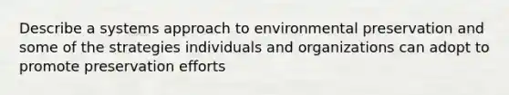 Describe a systems approach to environmental preservation and some of the strategies individuals and organizations can adopt to promote preservation efforts