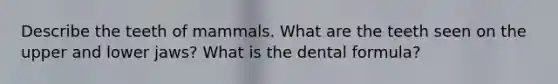 Describe the teeth of mammals. What are the teeth seen on the upper and lower jaws? What is the dental formula?