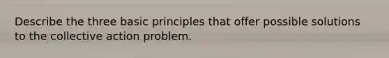 Describe the three basic principles that offer possible solutions to the collective action problem.