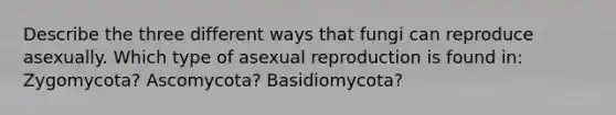 Describe the three different ways that fungi can reproduce asexually. Which type of asexual reproduction is found in: Zygomycota? Ascomycota? Basidiomycota?