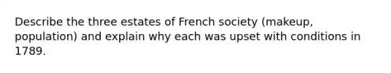 Describe the three estates of French society (makeup, population) and explain why each was upset with conditions in 1789.