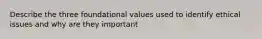 Describe the three foundational values used to identify ethical issues and why are they important