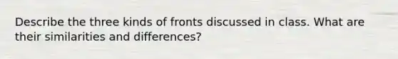 Describe the three kinds of fronts discussed in class. What are their similarities and differences?