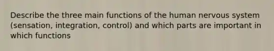 Describe the three main functions of the human nervous system (sensation, integration, control) and which parts are important in which functions