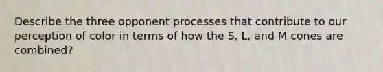 Describe the three opponent processes that contribute to our perception of color in terms of how the S, L, and M cones are combined?