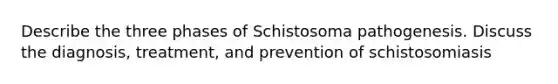 Describe the three phases of Schistosoma pathogenesis. Discuss the diagnosis, treatment, and prevention of schistosomiasis