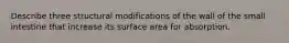 Describe three structural modifications of the wall of the small intestine that increase its surface area for absorption.