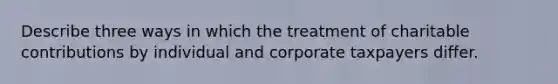 Describe three ways in which the treatment of charitable contributions by individual and corporate taxpayers differ.