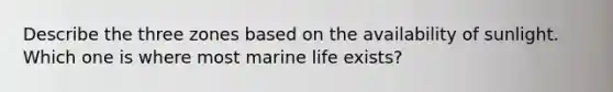 Describe the three zones based on the availability of sunlight. Which one is where most marine life exists?