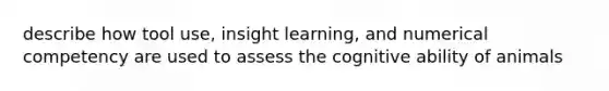 describe how tool use, insight learning, and numerical competency are used to assess the cognitive ability of animals