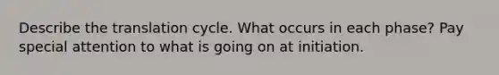 Describe the translation cycle. What occurs in each phase? Pay special attention to what is going on at initiation.