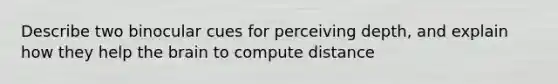 Describe two binocular cues for perceiving depth, and explain how they help the brain to compute distance